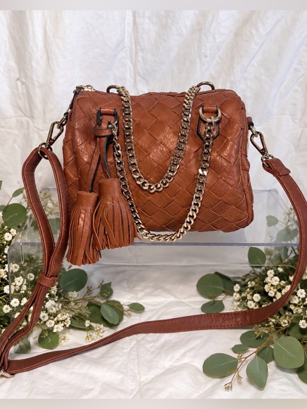 Madison West Woven Leather Crossbody with Tassels - Cognac Brown